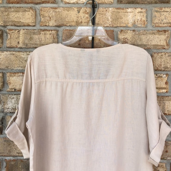 Ellen Tracy 100% Linen 1/4 Zipper Cuffed Short Sleeve Light Tan Tunic Top L - Picture 8 of 15